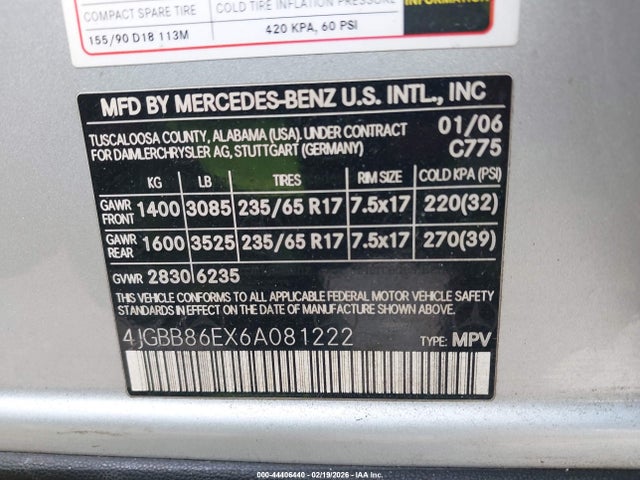 Aukcja sprzedaży 2006 Mercedes-benz Ml 350 4matic, vin: 4JGBB86EX6A081222, numer aukcji: 44406440