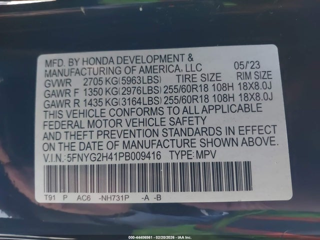 5FNYG2H41PB009416 Honda Pilot 2wd Ex-l 8 Passenger