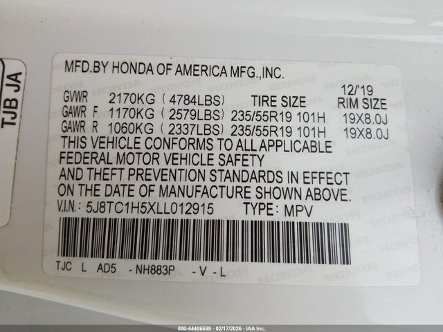 44406599 :رقم المزاد ، 5J8TC1H5XLL012915 vin ، 2020 Acura Rdx Technology Package مزاد بيع