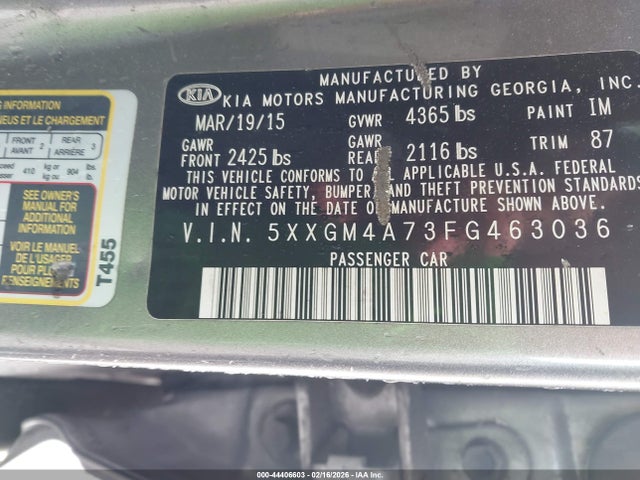 5XXGM4A73FG463036 KIA Optima Lx