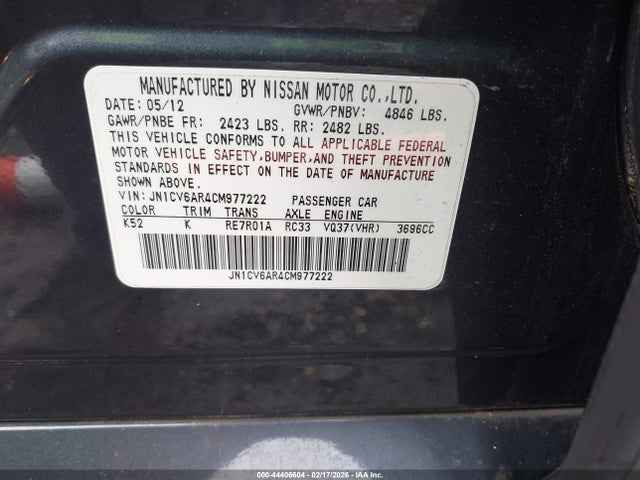 Aukcja sprzedaży 2012 Infiniti G37x, vin: JN1CV6AR4CM977222, numer aukcji: 44406604