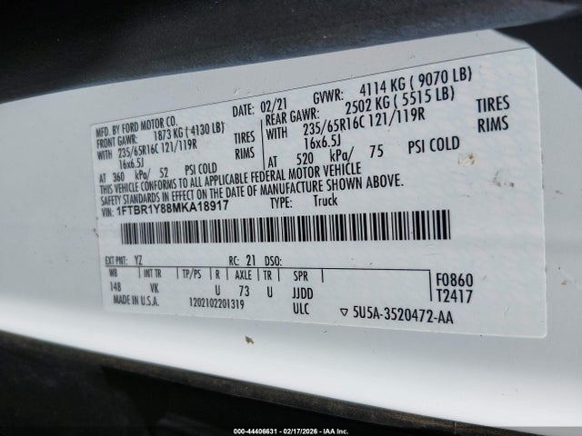 Auction sale of the 2021 Ford Transit-250, vin: 1FTBR1Y88MKA18917, lot number: 44406631