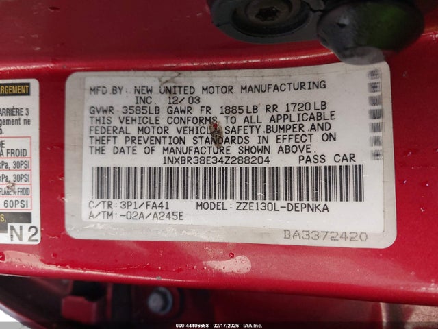 2004 TOYOTA COROLLA 1NXBR38E34Z288204 Photo 8