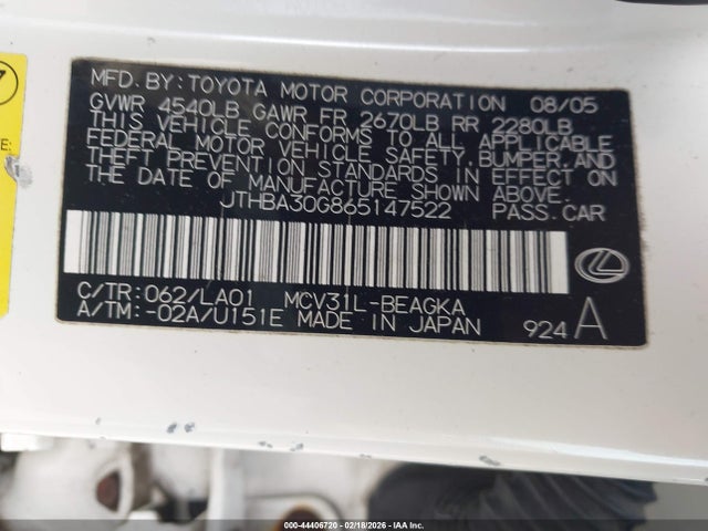 Aukcja sprzedaży 2006 Lexus Es 330, vin: JTHBA30G865147522, numer aukcji: 44406720