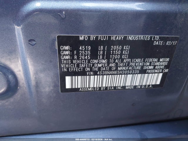 44406733 :رقم المزاد ، 4S3BNAN65H3050335 vin ، 2017 Subaru Legacy 2.5i Limited مزاد بيع