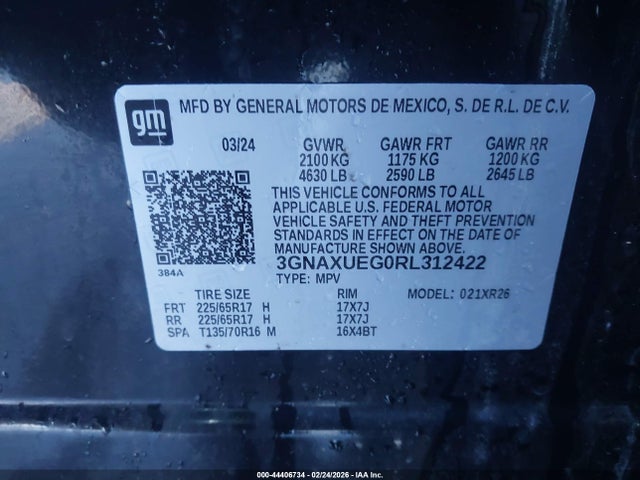 Продажа на аукционе авто 2024 Chevrolet Equinox Awd Lt, vin: 3GNAXUEG0RL312422, номер лота: 44406734