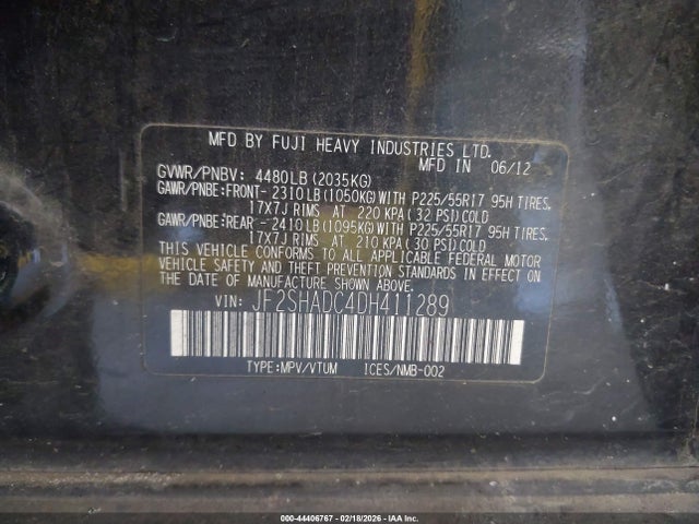 44406767 :رقم المزاد ، JF2SHADC4DH411289 vin ، 2013 Subaru Forester 2.5x Premium مزاد بيع