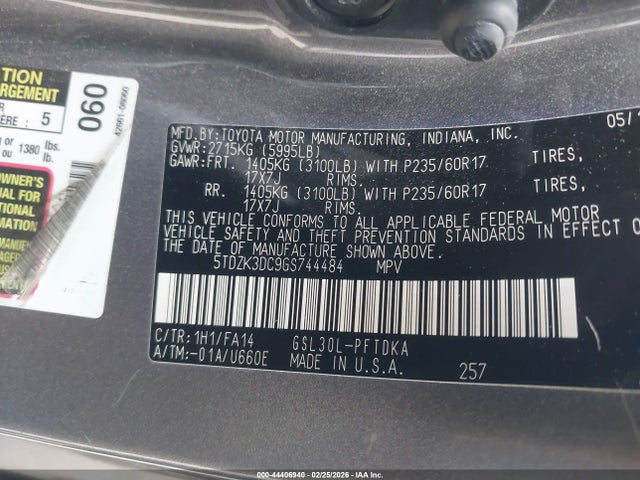 5TDZK3DC9GS744484 Toyota Sienna L 7 Passenger
