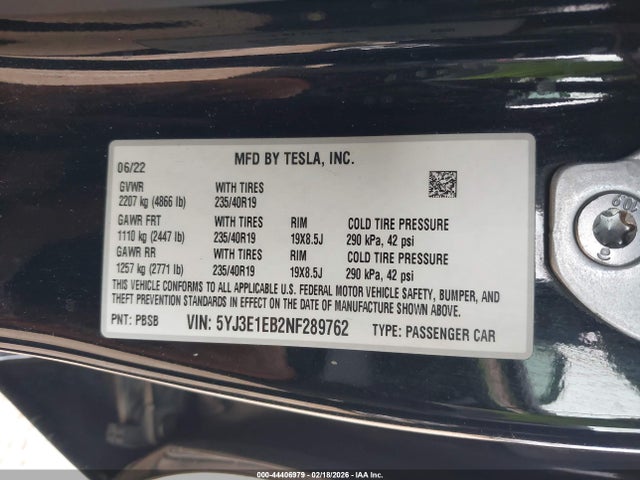 44406979 :رقم المزاد ، 5YJ3E1EB2NF289762 vin ، 2022 Tesla Model 3 Long Range Dual Motor All-wheel Drive مزاد بيع