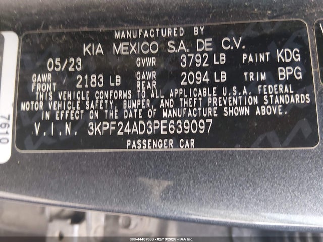 44407003 :رقم المزاد ، 3KPF24AD3PE639097 vin ، 2023 Kia Forte Lxs مزاد بيع