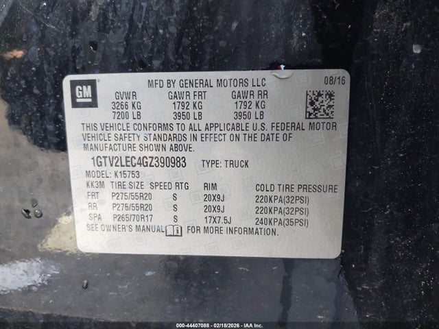 2016 Gmc Sierra 1500 მანქანა იყიდება აუქციონზე, vin: 1GTV2LEC4GZ390983, აუქციონის ნომერი: 44407088