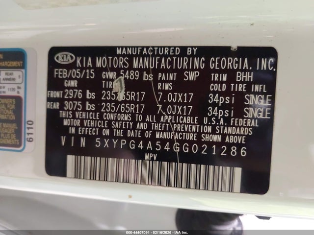 5XYPG4A54GG021286 KIA Sorento 3.3l Lx
