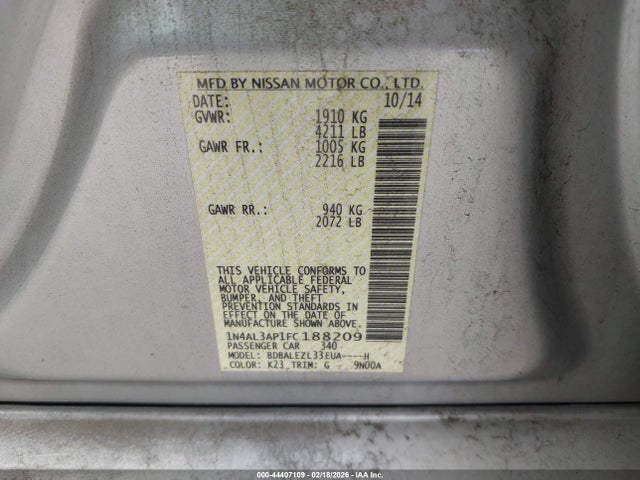 2015 Nissan Altima 2.5 S მანქანა იყიდება აუქციონზე, vin: 1N4AL3AP1FC188209, აუქციონის ნომერი: 44407109