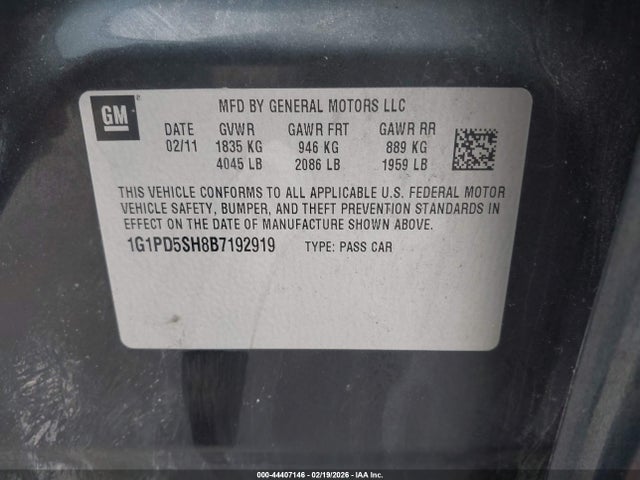 Aukcja sprzedaży 2011 Chevrolet Cruze Ls, vin: 1G1PD5SH8B7192919, numer aukcji: 44407146