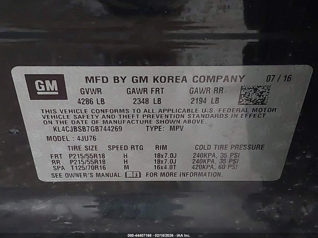 44407168 :رقم المزاد ، KL4CJBSB7GB744269 vin ، 2016 Buick Encore Convenience مزاد بيع