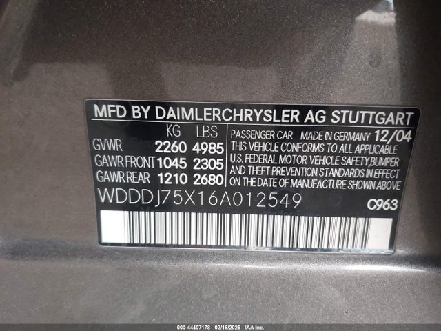 44407178 :رقم المزاد ، WDDDJ75X16A012549 vin ، 2006 Mercedes-benz Cls 500 مزاد بيع
