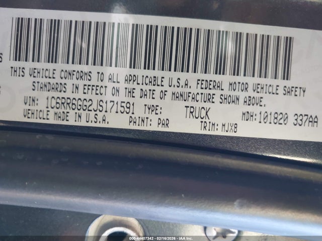 44407342 :رقم المزاد ، 1C6RR6GG2JS171591 vin ، 2018 Ram 1500 Lone Star  4x2 6'4 Box مزاد بيع