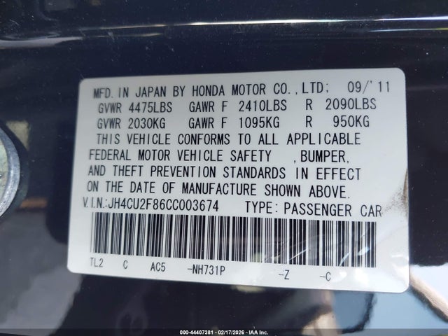 Aukcja sprzedaży 2012 Acura Tsx 2.4, vin: JH4CU2F86CC003674, numer aukcji: 44407381