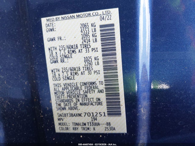 5N1BT3BAXNC701251 Nissan Rogue Sv Fwd