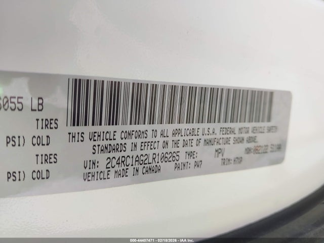 44407471 :رقم المزاد ، 2C4RC1AG2LR106265 vin ، 2020 Chrysler Voyager L مزاد بيع