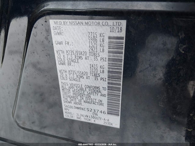 Auction sale of the 2019 Infiniti Qx60 Luxe, vin: 5N1DL0MM9KC523746, lot number: 44407502