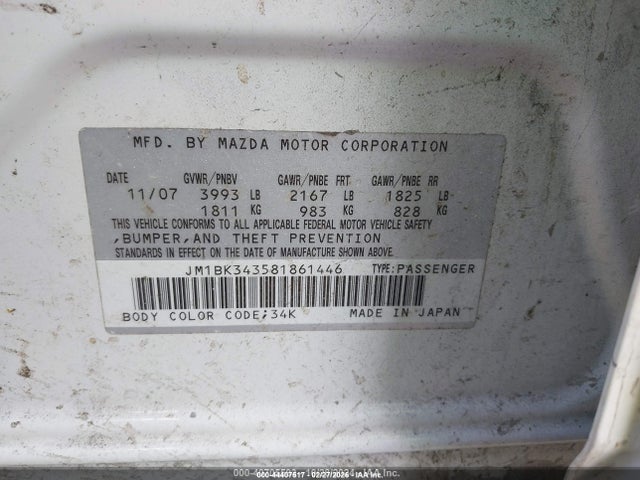 44407517 :رقم المزاد ، JM1BK343581861446 vin ، 2008 Mazda Mazda3 S Sport مزاد بيع