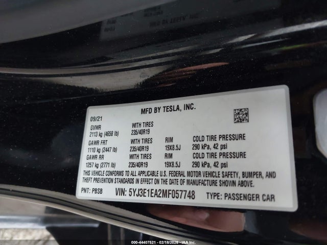 2021 Tesla Model 3 Standard Range Plus Rear-wheel Drive მანქანა იყიდება აუქციონზე, vin: 5YJ3E1EA2MF057748, აუქციონის ნომერი: 44407521
