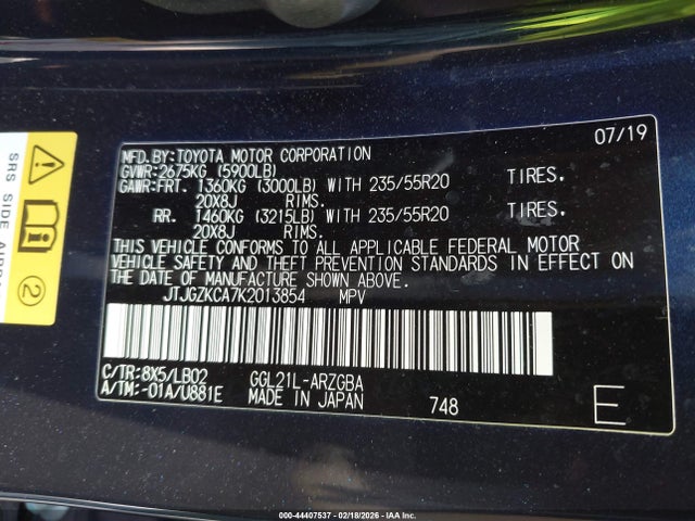 44407537 :رقم المزاد ، JTJGZKCA7K2013854 vin ، 2019 Lexus Rx 350l Premium مزاد بيع