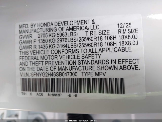 44407560 :رقم المزاد ، 5FNYG2H46SB047300 vin ، 2025 Honda Pilot Ex-l مزاد بيع