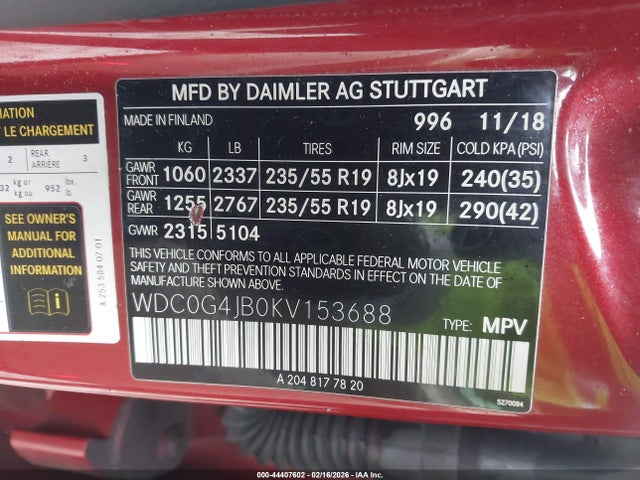 44407602 :رقم المزاد ، WDC0G4JB0KV153688 vin ، 2019 Mercedes-benz Glc 300 مزاد بيع