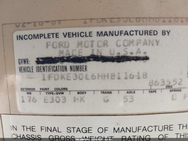 44407741 :رقم المزاد ، 1FDKE30L6HHB11618 vin ، 1987 Ford Econoline E350 Cutaway Van مزاد بيع