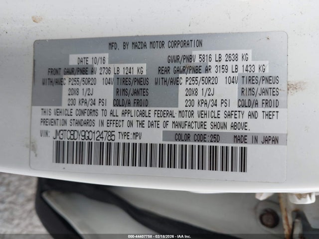 Aukcja sprzedaży 2016 Mazda Cx-9 Grand Touring, vin: JM3TCBDY9G0124785, numer aukcji: 44407758