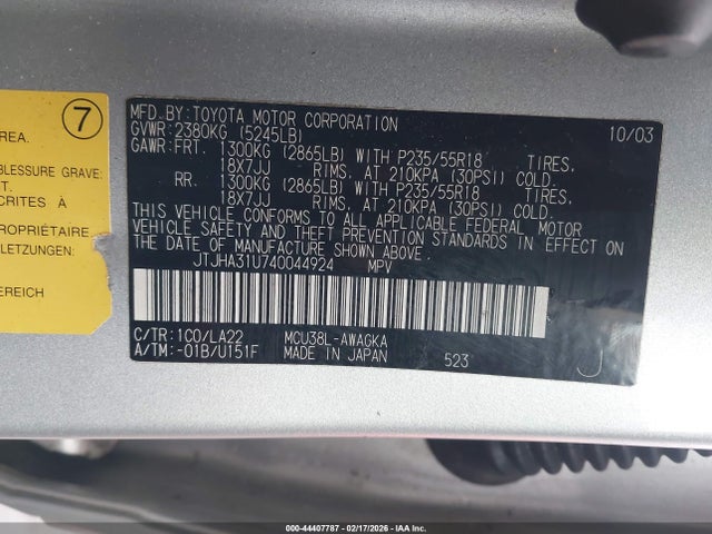 Aukcja sprzedaży 2004 Lexus Rx 330, vin: JTJHA31U740044924, numer aukcji: 44407787