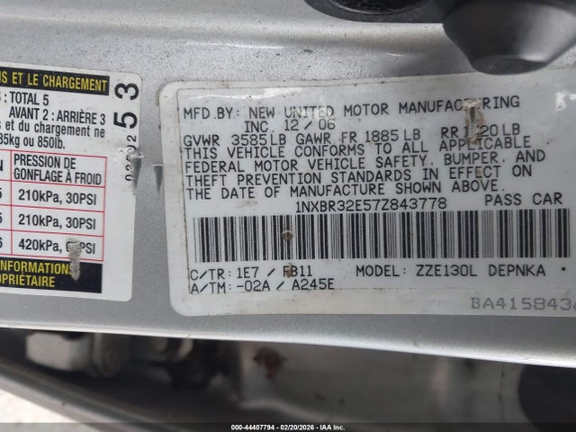 Продажа на аукционе авто 2007 Toyota Corolla Le, vin: 1NXBR32E57Z843778, номер лота: 44407794