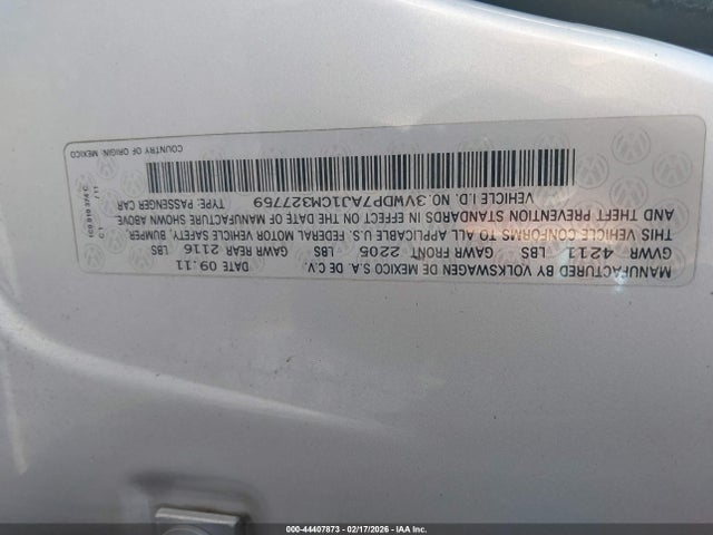 Aukcja sprzedaży 2012 Volkswagen Jetta 2.5l Se, vin: 3VWDP7AJ1CM327759, numer aukcji: 44407873