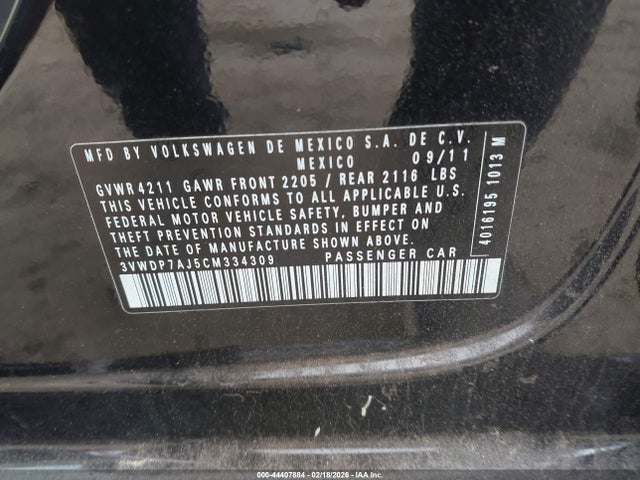 Aukcja sprzedaży 2012 Volkswagen Jetta 2.5l Se, vin: 3VWDP7AJ5CM334309, numer aukcji: 44407884