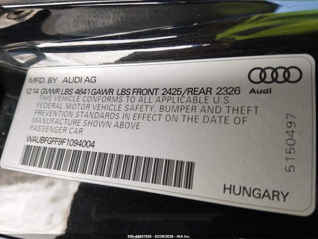 44407888 :رقم المزاد ، WAUBFGFF9F1094004 vin ، 2015 Audi S3 2.0t Premium Plus مزاد بيع