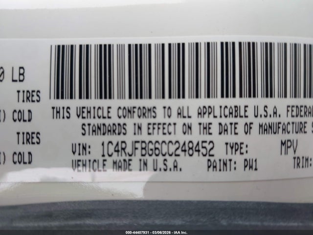 2012 Jeep Grand Cherokee Limited მანქანა იყიდება აუქციონზე, vin: 1C4RJFBG6CC248452, აუქციონის ნომერი: 44407931