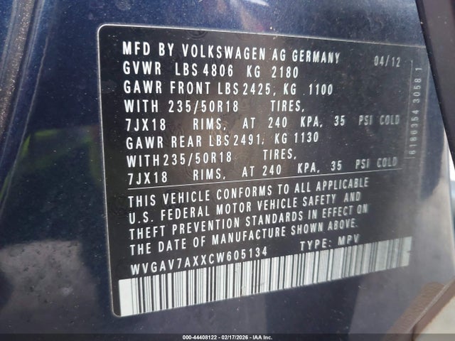 2012 VOLKSWAGEN TIGUAN WVGAV7AXXCW605134 Photo 8