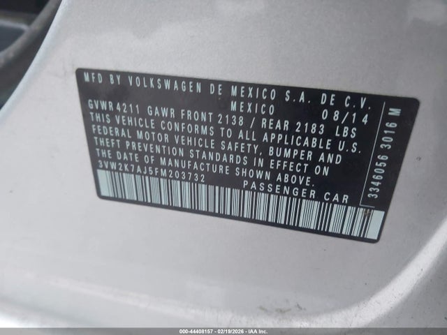 44408157 :رقم المزاد ، 3VW2K7AJ5FM203732 vin ، 2015 Volkswagen Jetta 2.0l S مزاد بيع