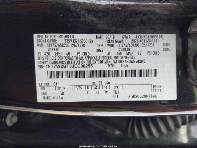 44408192 :رقم المزاد ، 1FT7W2BT3JEC06255 vin ، 2018 Ford F-250 Lariat مزاد بيع