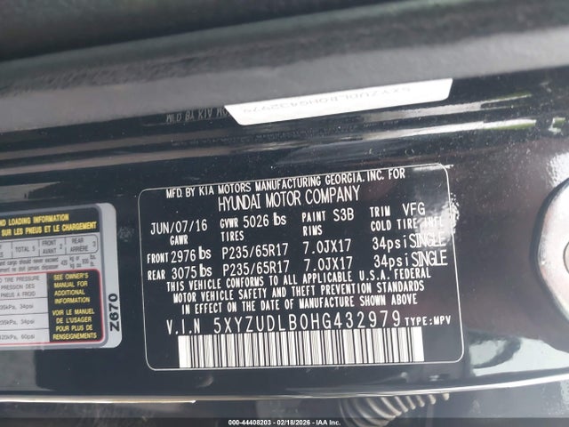 44408203 :رقم المزاد ، 5XYZUDLB0HG432979 vin ، 2017 Hyundai Santa Fe Sport 2.4l مزاد بيع