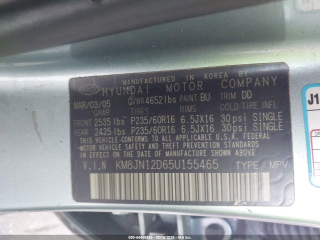 2005 HYUNDAI TUCSON KM8JN12D65U155465 Photo 8