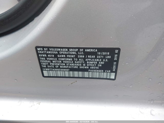 Aukcja sprzedaży 2016 Volkswagen Passat 1.8t Se, vin: 1VWBT7A30GC008087, numer aukcji: 44408360