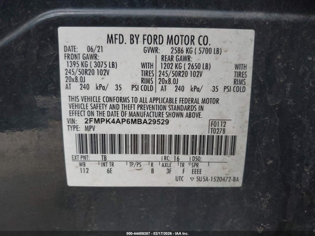 44408387 :رقم المزاد ، 2FMPK4AP6MBA29529 vin ، 2021 Ford Edge St مزاد بيع