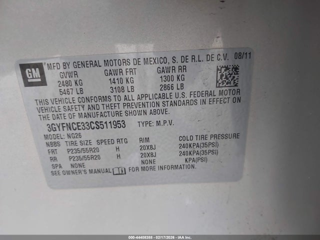 Aukcja sprzedaży 2012 Cadillac Srx Premium Collection, vin: 3GYFNCE33CS511953, numer aukcji: 44408388