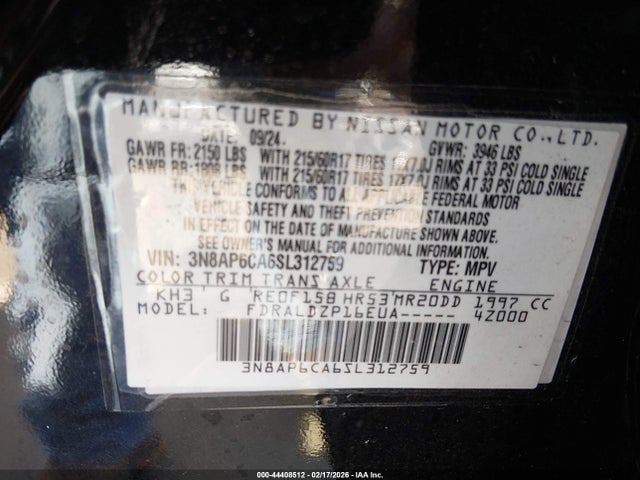 Aukcja sprzedaży 2025 Nissan Kicks Sv Fwd, vin: 3N8AP6CA6SL312759, numer aukcji: 44408512