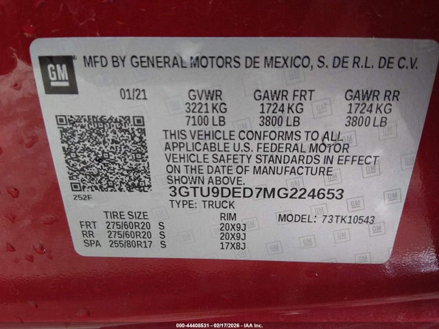 44408531 :رقم المزاد ، 3GTU9DED7MG224653 vin ، 2021 Gmc Sierra 1500 4wd  Short Box Slt مزاد بيع