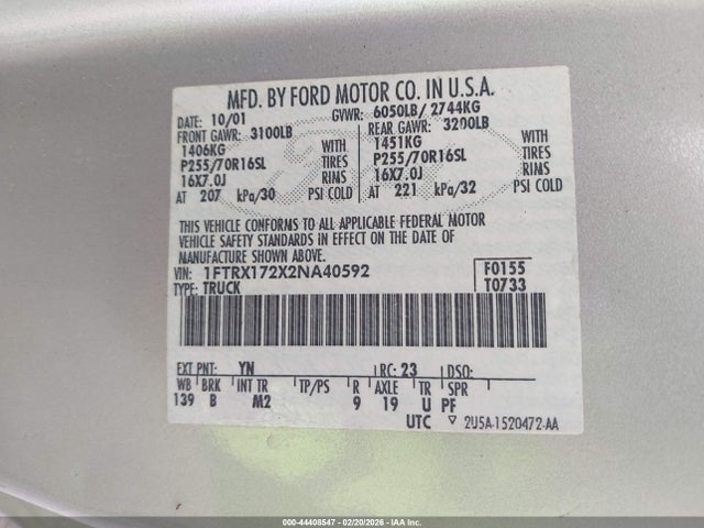 Продаж на аукціоні авто 2002 Ford F-150 Xl/xlt, vin: 1FTRX172X2NA40592, номер лоту: 44408547