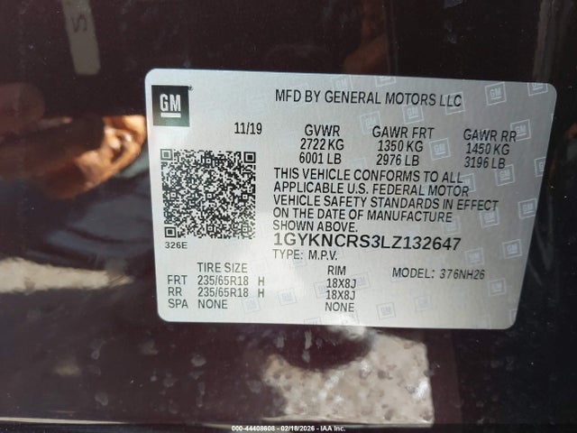 44408608 :رقم المزاد ، 1GYKNCRS3LZ132647 vin ، 2020 Cadillac Xt5 Fwd Premium Luxury مزاد بيع
